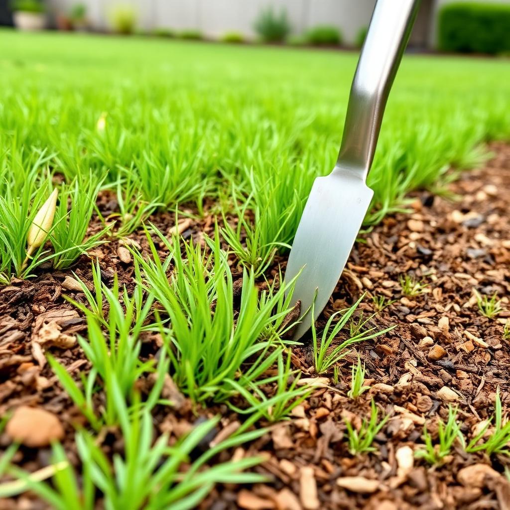 Sharp spade-cut edge between a mulched bed and lawn in a DFW yard