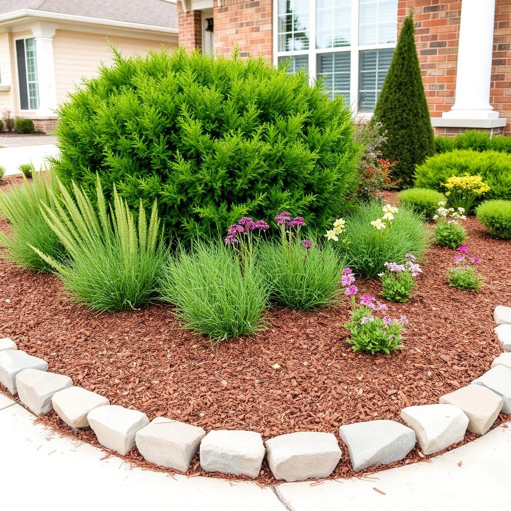 Weed-free layered planting bed with stone border in North Texas