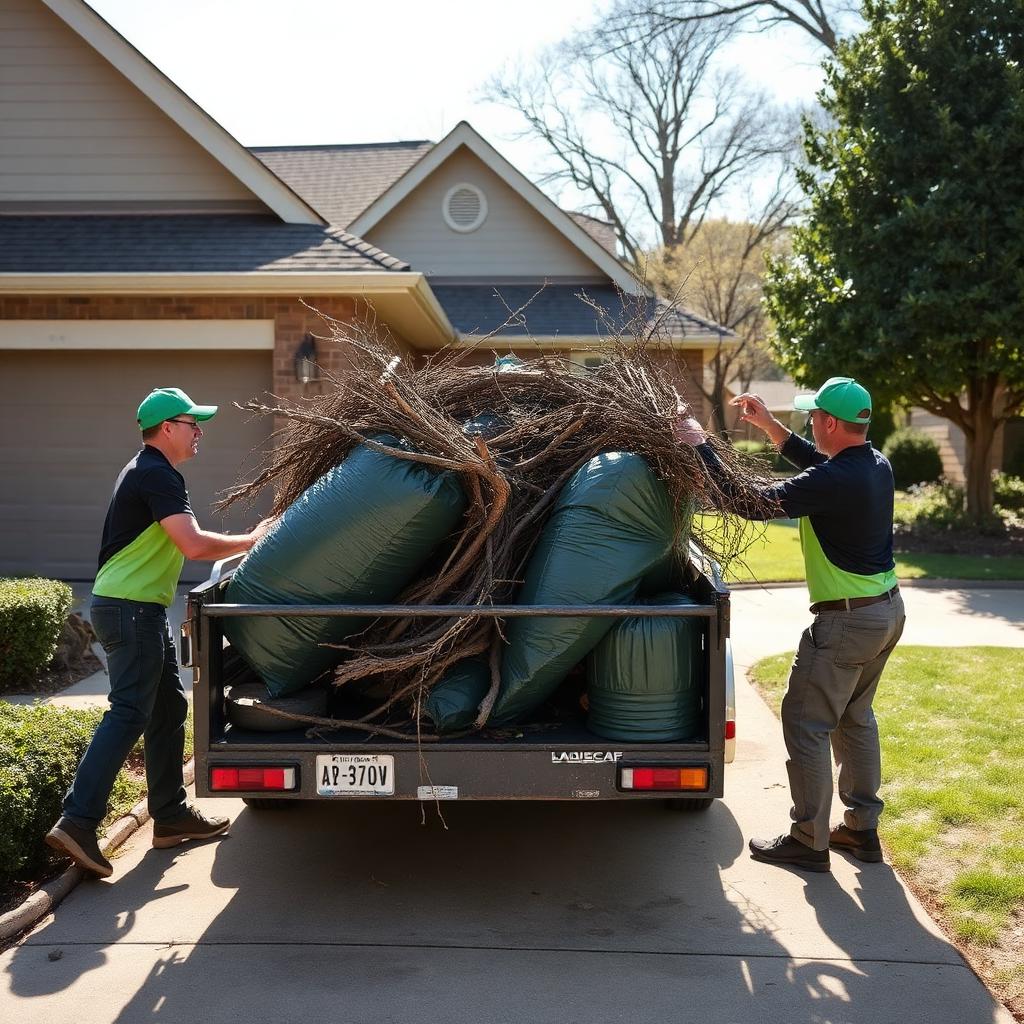 Landscapers loading yard debris into a trailer after a seasonal cleanup