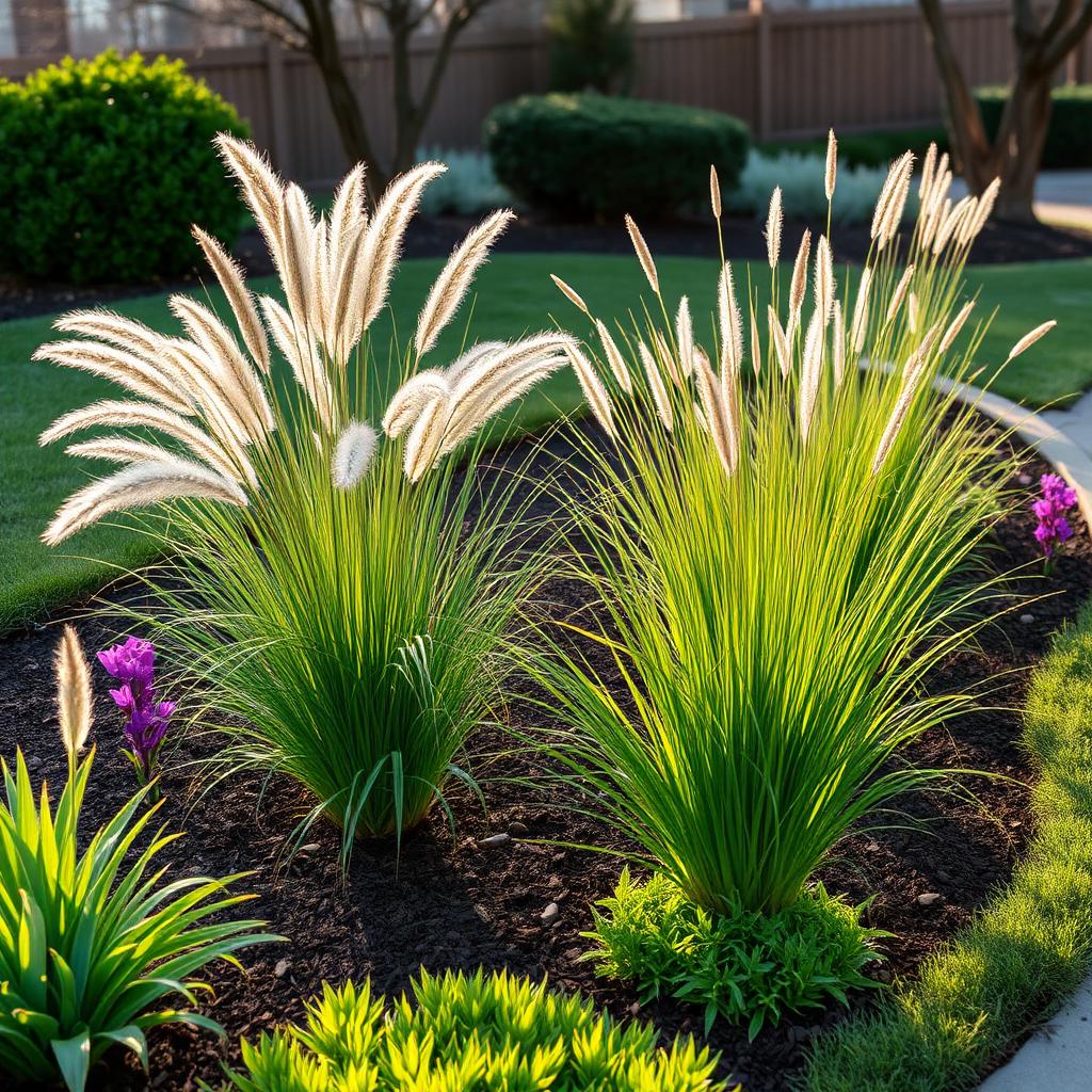 Spring cleanup with cut-back ornamental grasses and refreshed beds in Dallas