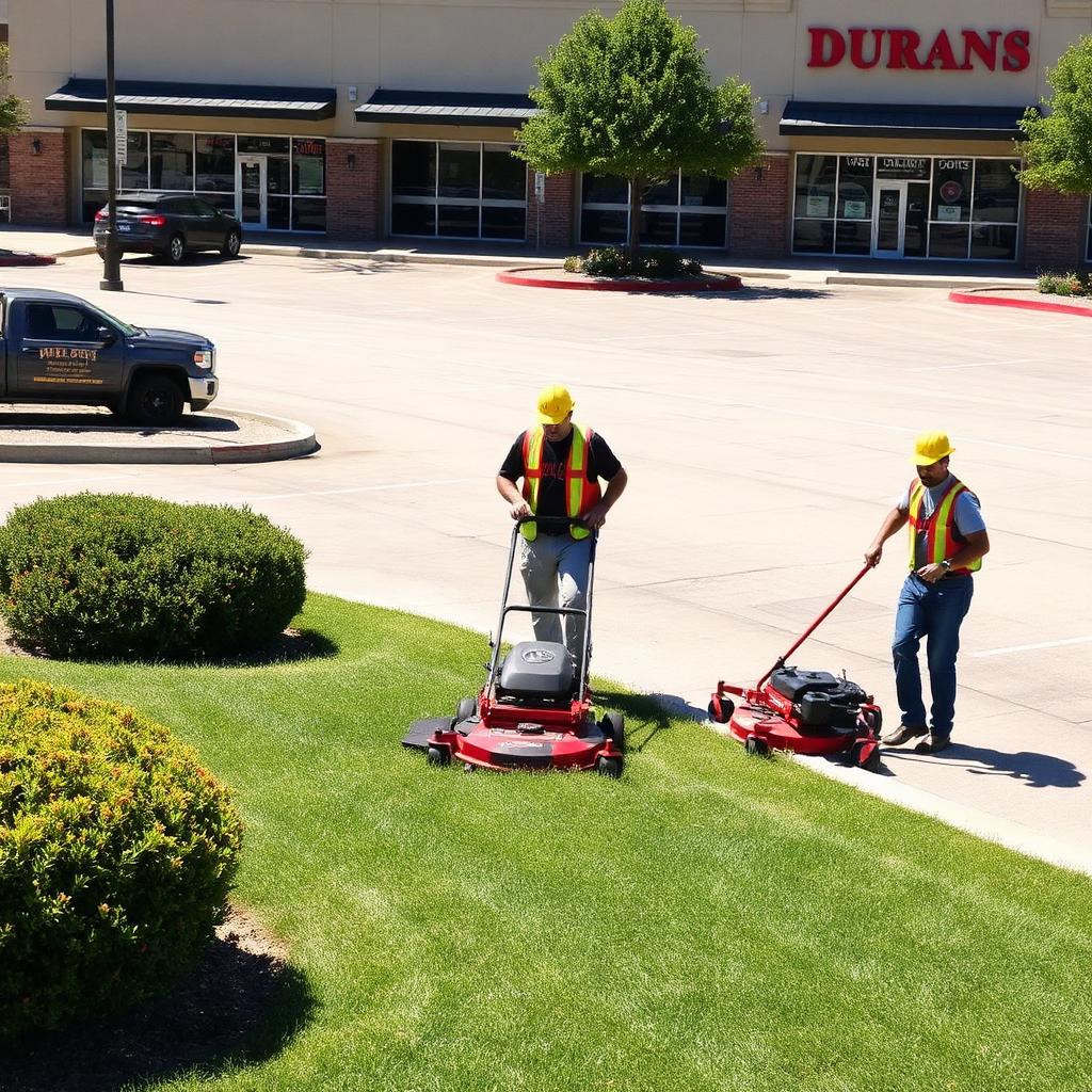 Crew maintaining a North Texas retail center with mowing and shrub work