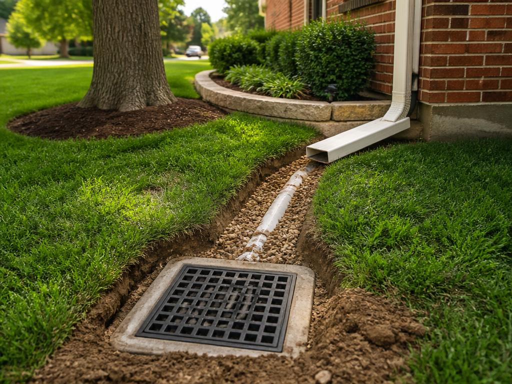Catch basin and downspout drainage in a North Texas front yard