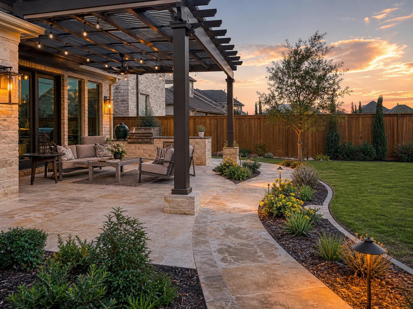 Travertine patio and curved walkway