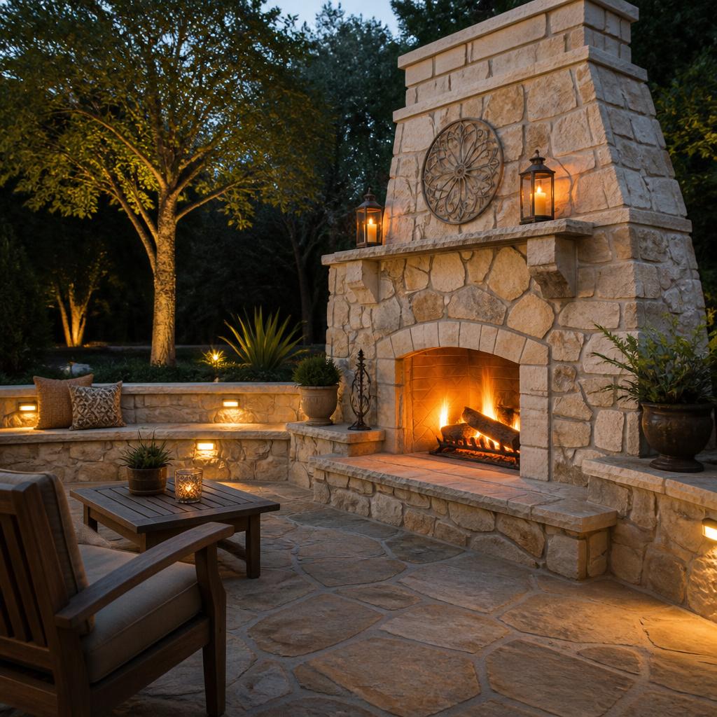 Outdoor stone fireplace and seat wall on a Dallas patio