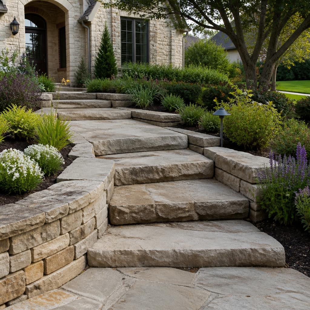 Natural Texas stone steps and stacked stone border wall