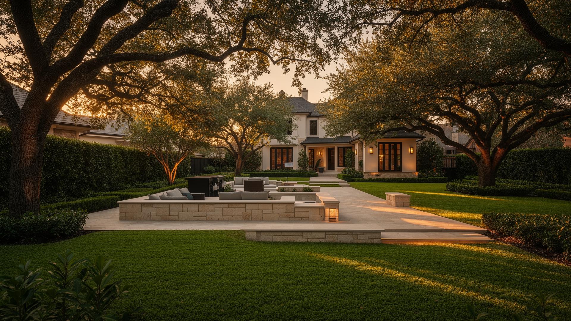Beautifully landscaped backyard in Dallas, Texas at golden hour