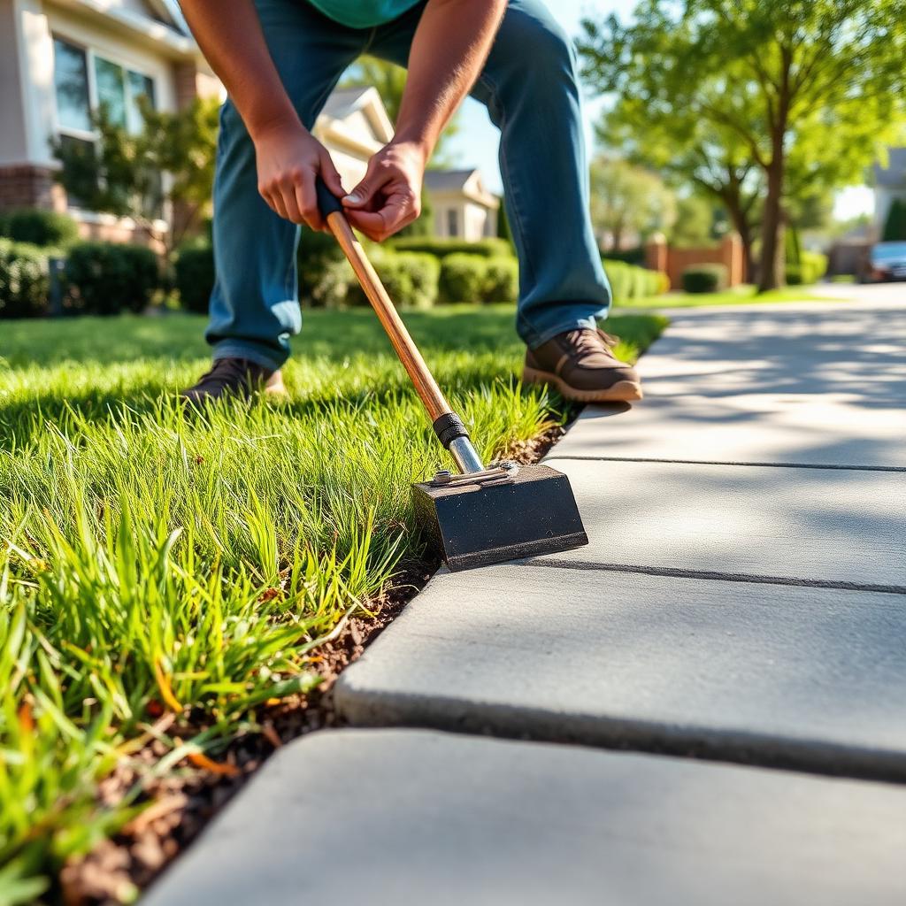 Crisp stick-edging along a concrete sidewalk in a North Texas neighborhood