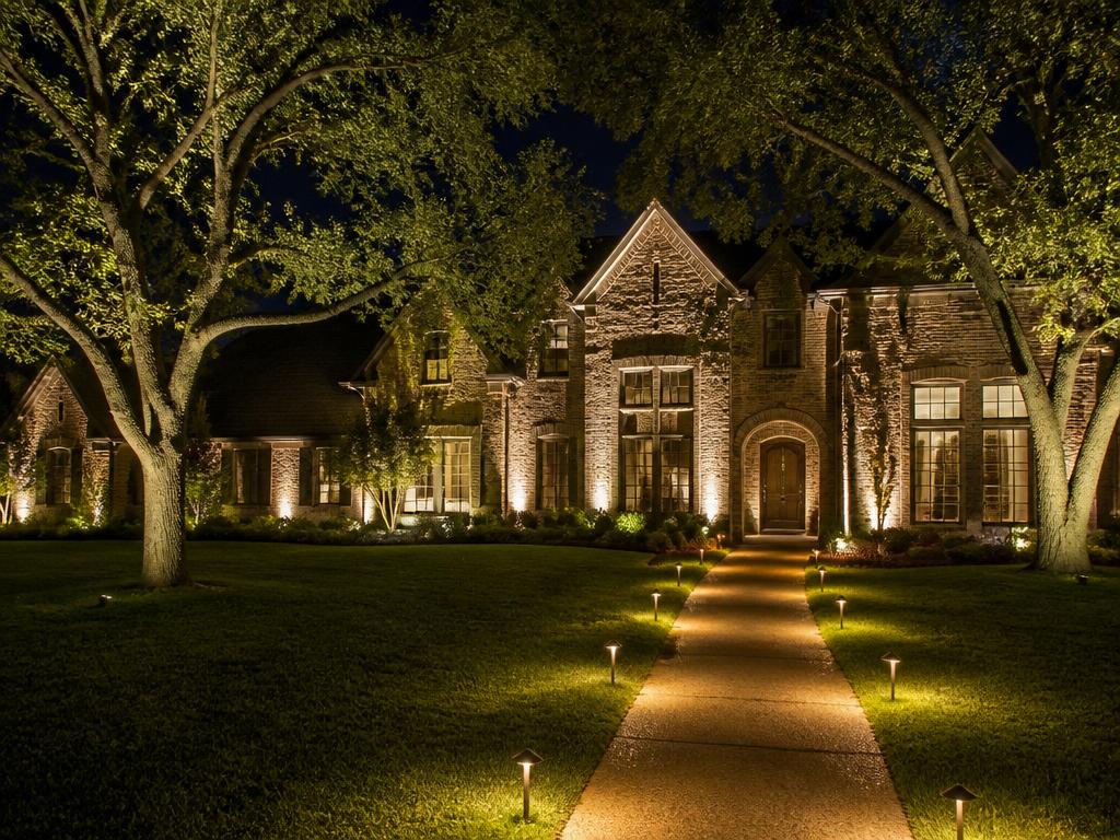 Architectural and tree uplighting on a North Texas home at night