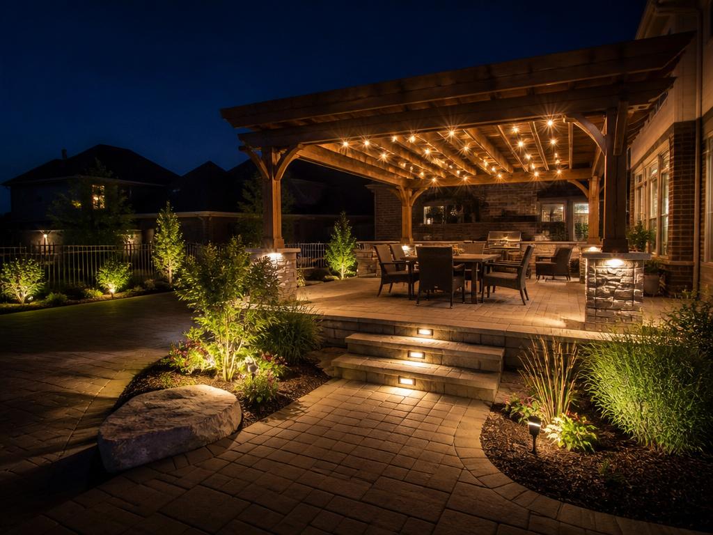 Pergola and patio with warm string lights and downlights in a DFW backyard