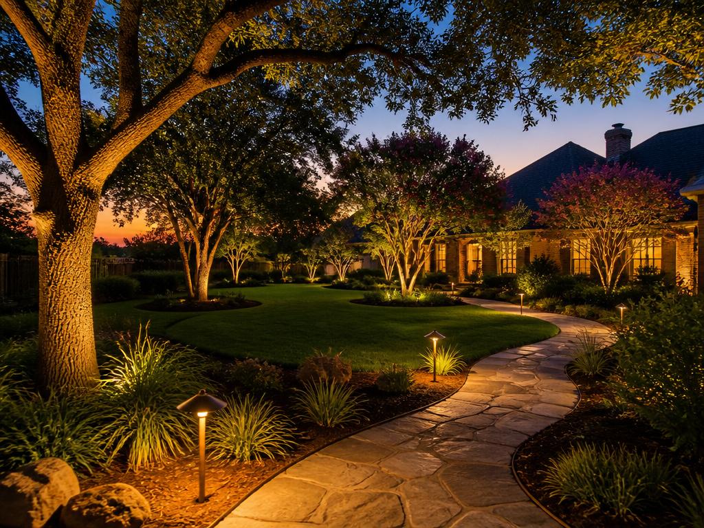Uplighting and path lighting along a stone walkway in a Dallas backyard