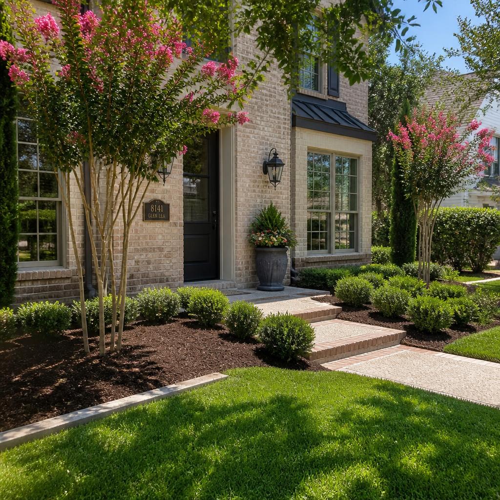Crape myrtles and boxwoods framing a North Texas front walkway