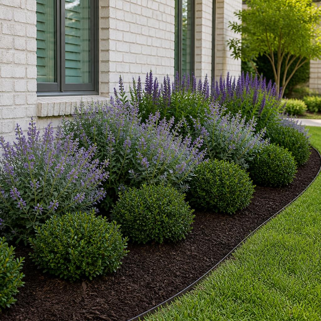 Texas shrub bed with boxwood and salvia along a home foundation