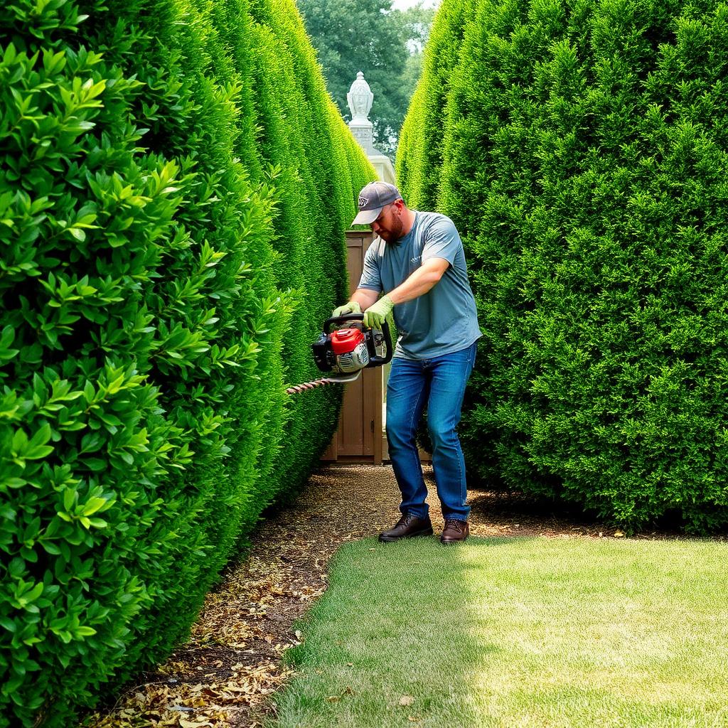 Landscaper trimming tall ligustrum hedges in a North Texas backyard