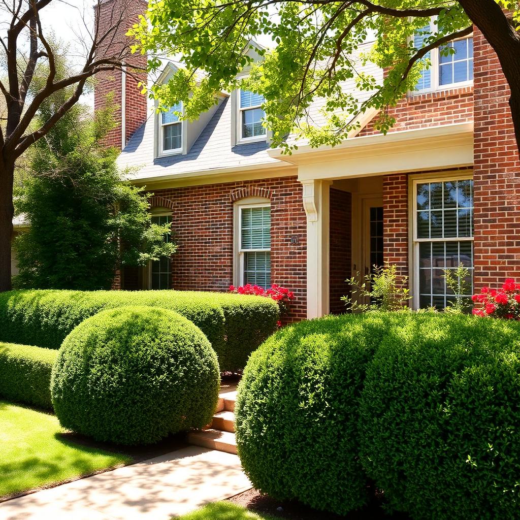Perfectly shaped boxwood hedges along a Highland Park brick home
