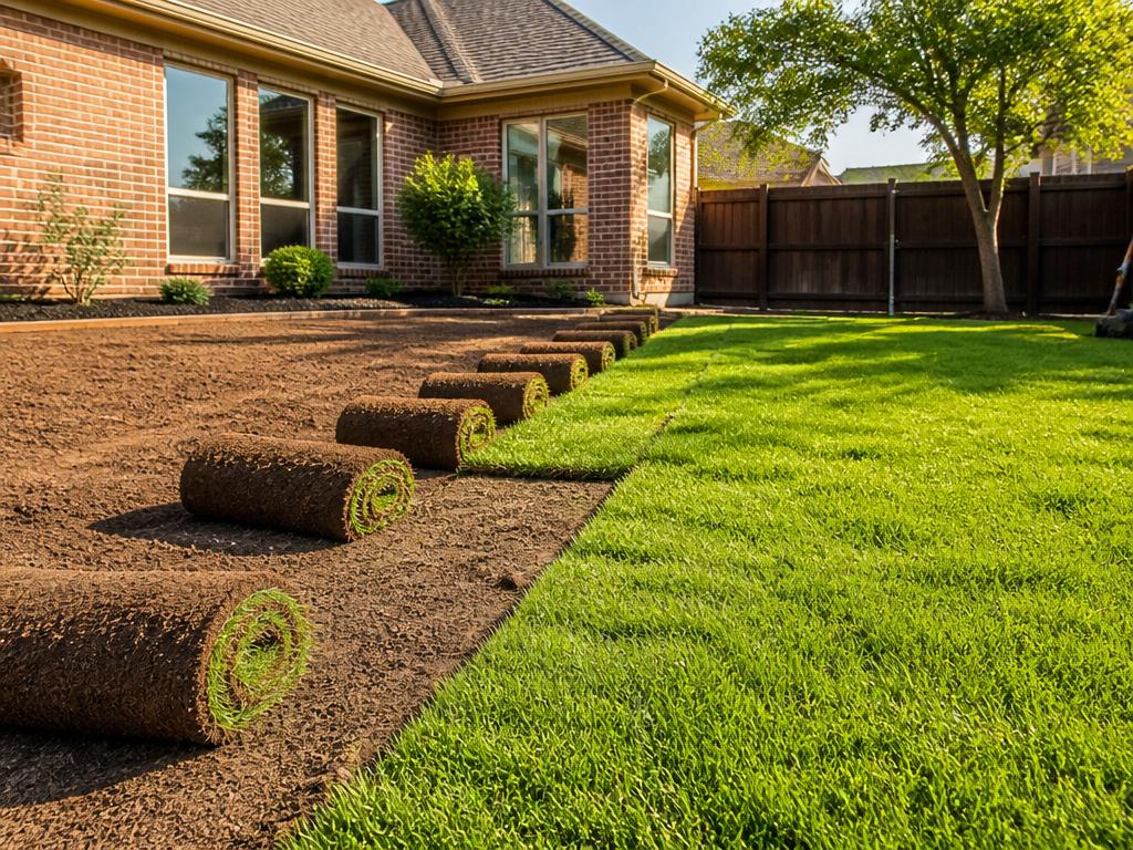 Fresh Bermuda sod rolls installed in a Dallas backyard