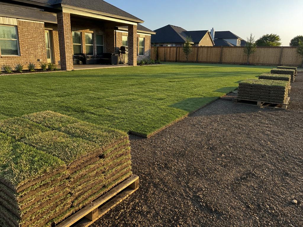Zoysia sod pallets and fresh install at a DFW home